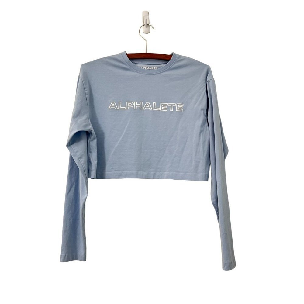 Alphalete Womens Blue Logo Front Cropped Long Sleeve Top Lifestyle Fit Size S